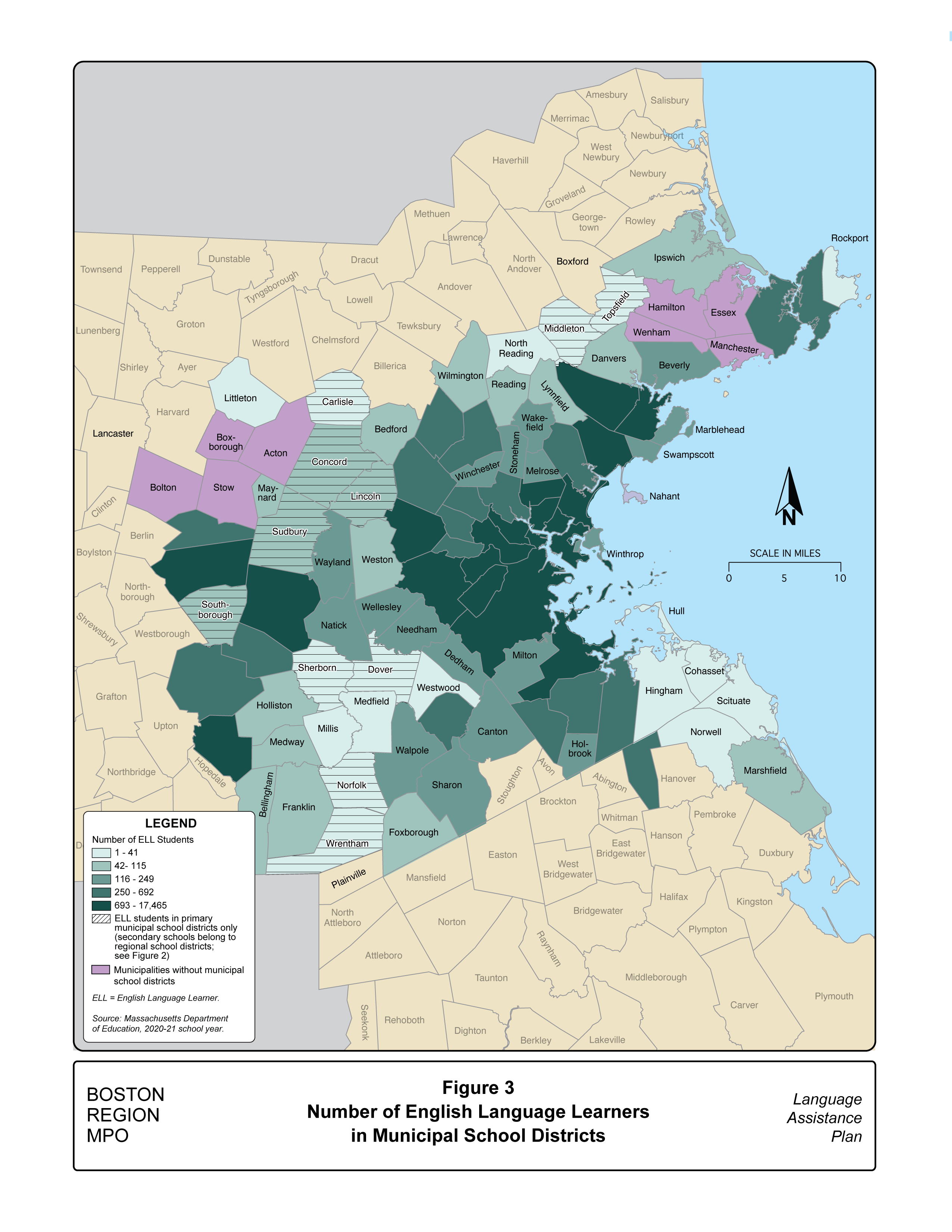 Figure 3 is a map showing the number of English language learners in municipal school districts in the Boston region for the 2020–21 academic year.